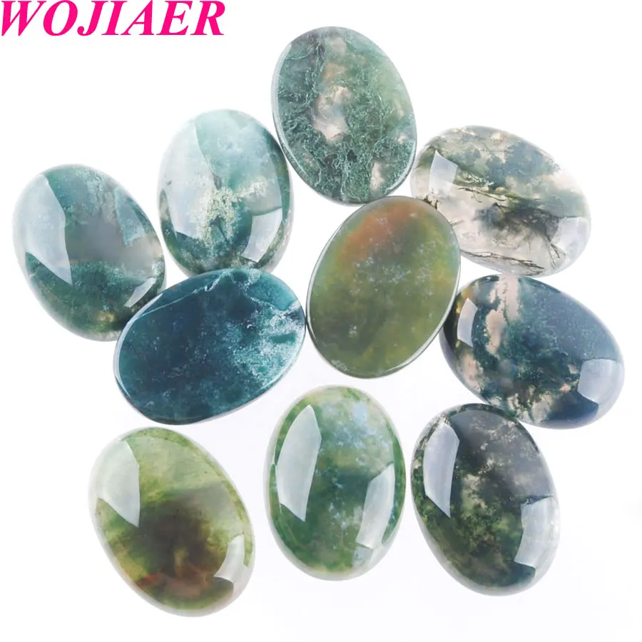 WOJIAER 5Pcs/lot Natural Moss Grass Agate Stone Oval Cabochon CAB Focal Flatback Beads For Necklace Jewelry Making U8073