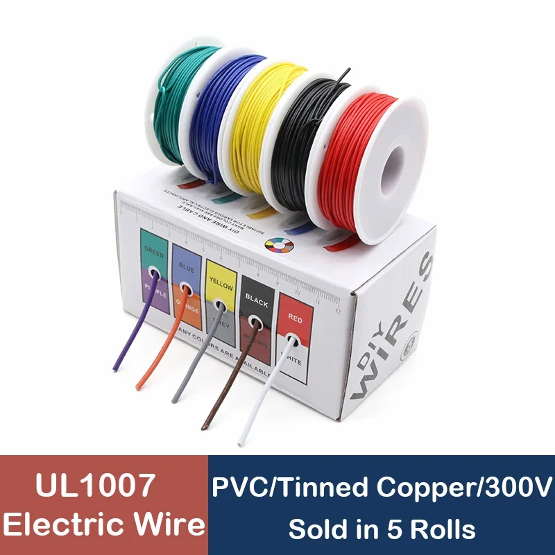 （5 Colors Mix Kit）UL1007 PVC Tinned Pure Copper Cable Line Stranded Electrical Wire 30/28/26/24/22/20/18/16 AWG PCB Wire DIY