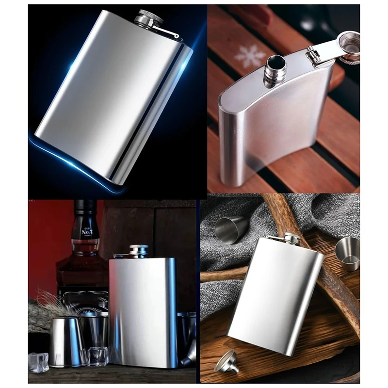 Hip Flask X2 Stainless Steel 304 8 Oz With Funnel - Leak-Proof, Stylish And Portable Bottle Set For Men And Women