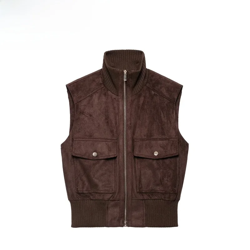 Fashionable Velvet Texture Vest Women's Stylish Versatile Short Zipper Polyester Fiber Curves Fit Backless Effect 3046259