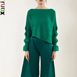 YUDX Miyake Pleated Irregular One Neck Women's Tops Fashion High Quality Slim Niche Temperament Solid Bottoming T-shirt 2024 New