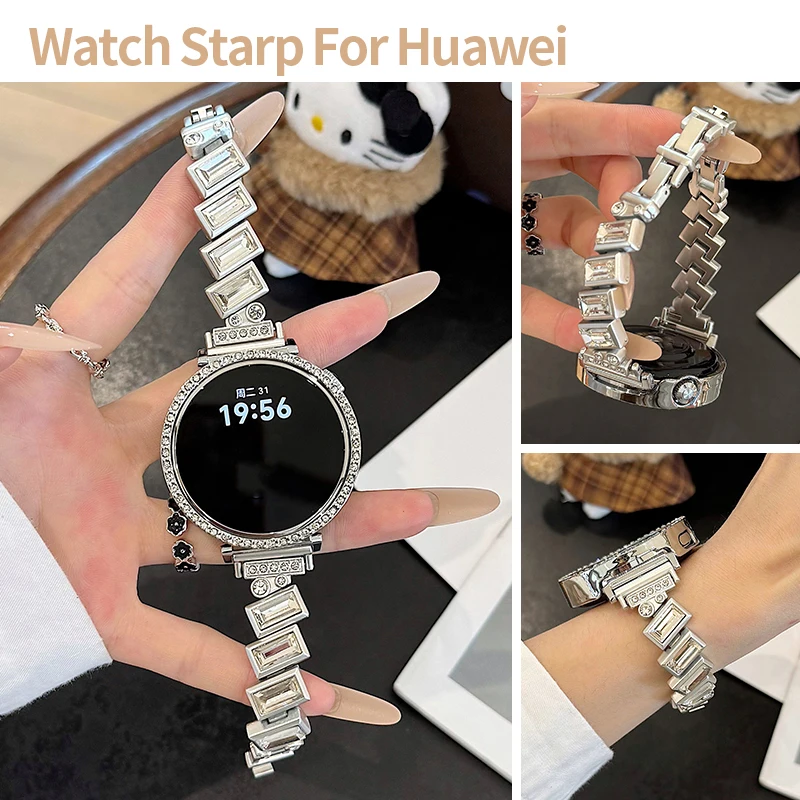 18 20 22mm Luxury Bling Rectangle Crystal Strap for Huawei Watch GT6 5 4 41mm 46mm Metal Bracelet for Huawei Band 11pro11 10 9 8