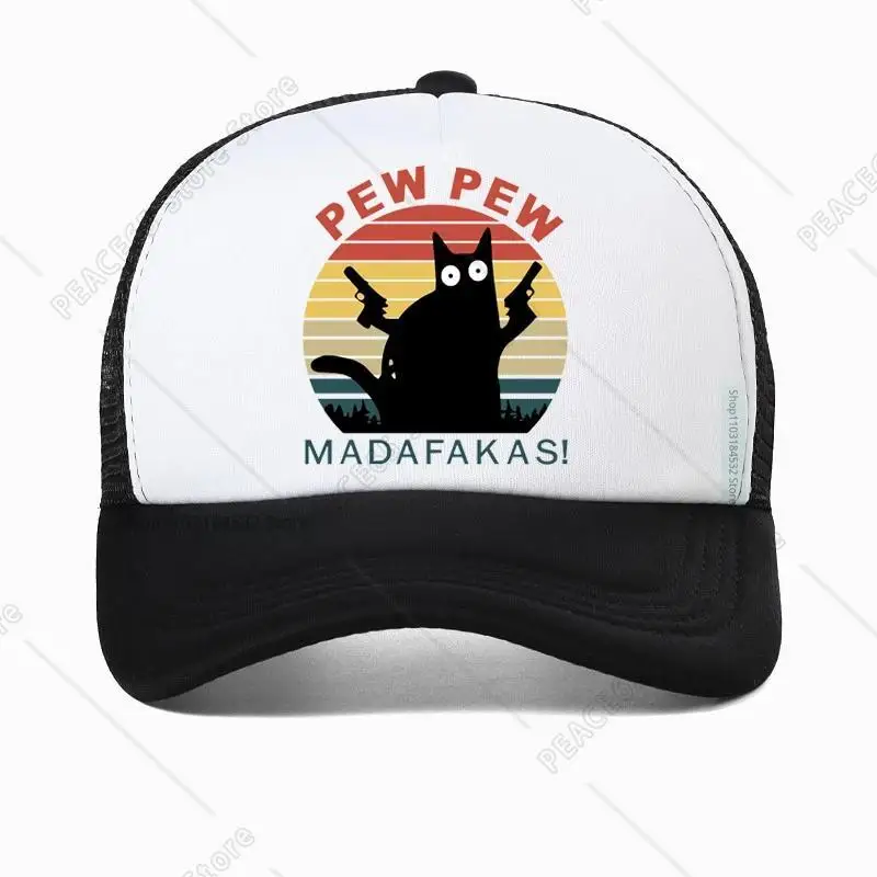 Pew Pew Madafakas Adult Mesh Trucker Hats Cartoon Double Gun Cat Funny Baseball Cap Men Women Snapback Hat