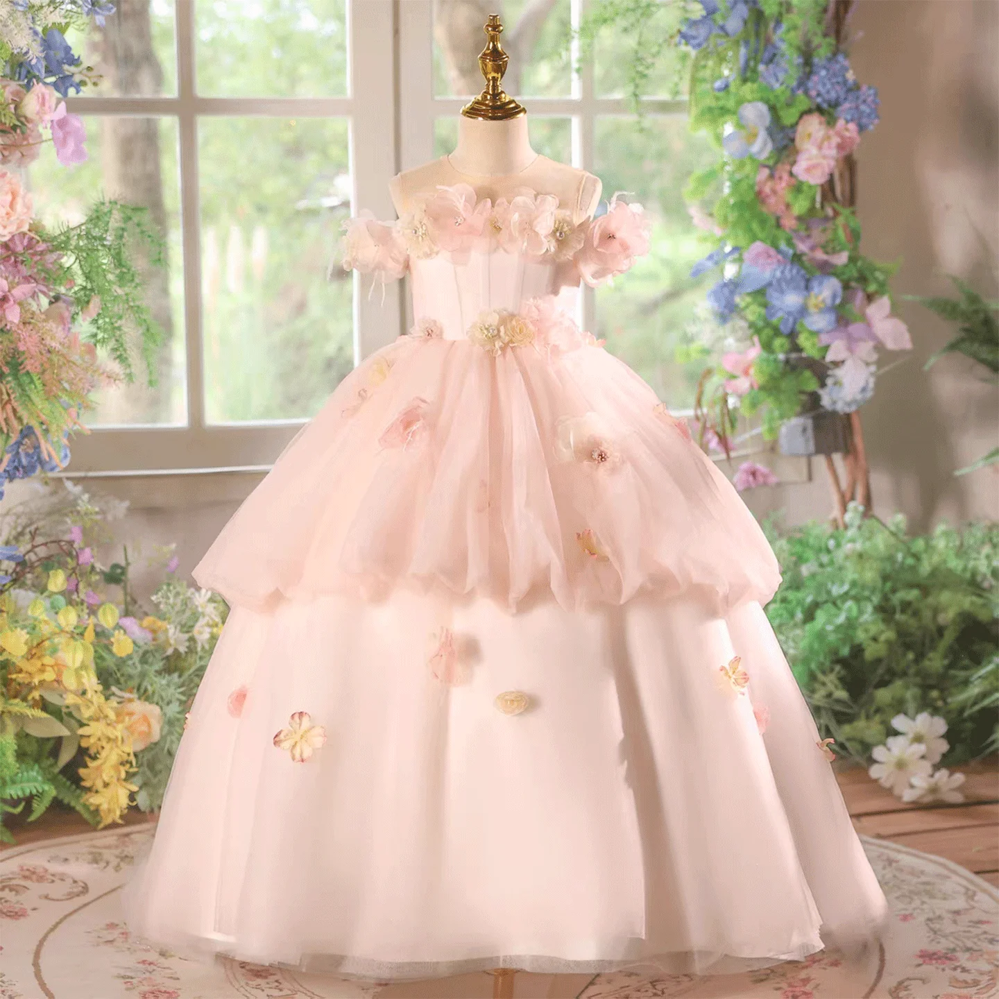 Jill Wish J614 Luxury Princess Flower Girl Dress Pink Tulle Ball Gown with 3D Floral Appliques Off Shoulder Wedding Party