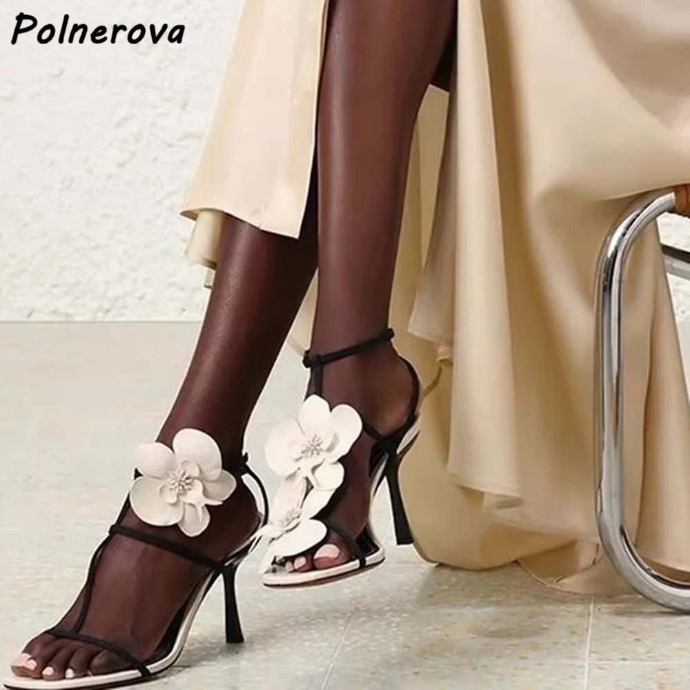 

Black White Orchid Sandals Ankle Band Square Toe Thin Heel Summer Trendy 2025 Shoes T Strap Stiletto Flower Asymmetrical Sandals
