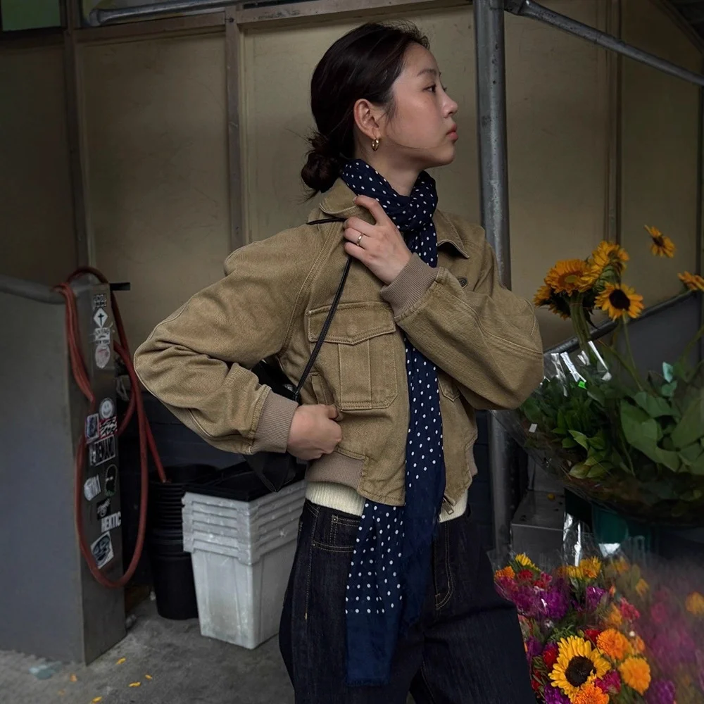 

Retro Sle Loose Fit Zipper ort Workwear Jaet Women's Casual Faion Cotton Blend Collared Coat Autumn Collection