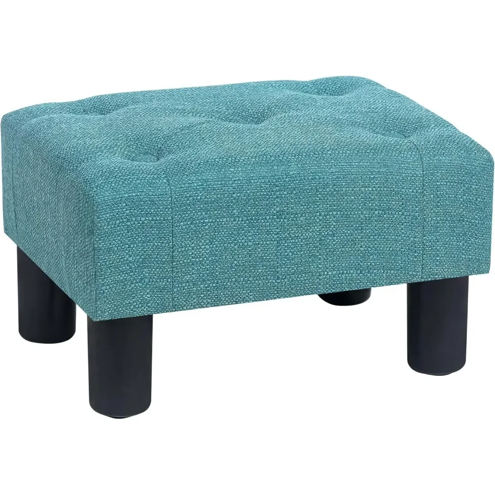 

Small Footstool Ottoman Upholstered Linen Fabric Button Tufted Rectangular Footrest with Plastic Legs, Teal