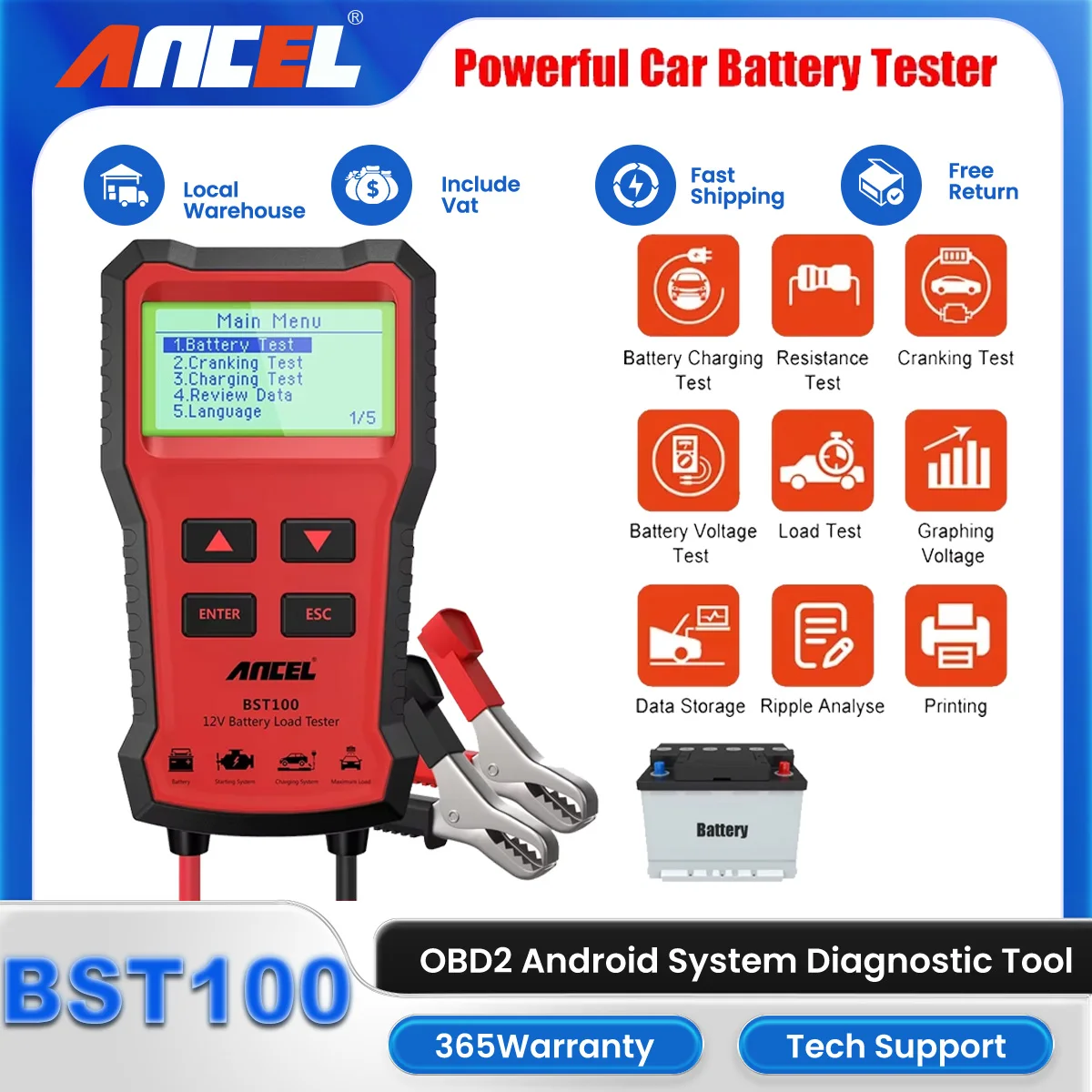

ANCEL BST100 OBD2 Car Diagnostic Tool 12V Battery Tester Cranking Charging Test 2000CCA BCI CCA Battery Analyzer Tools