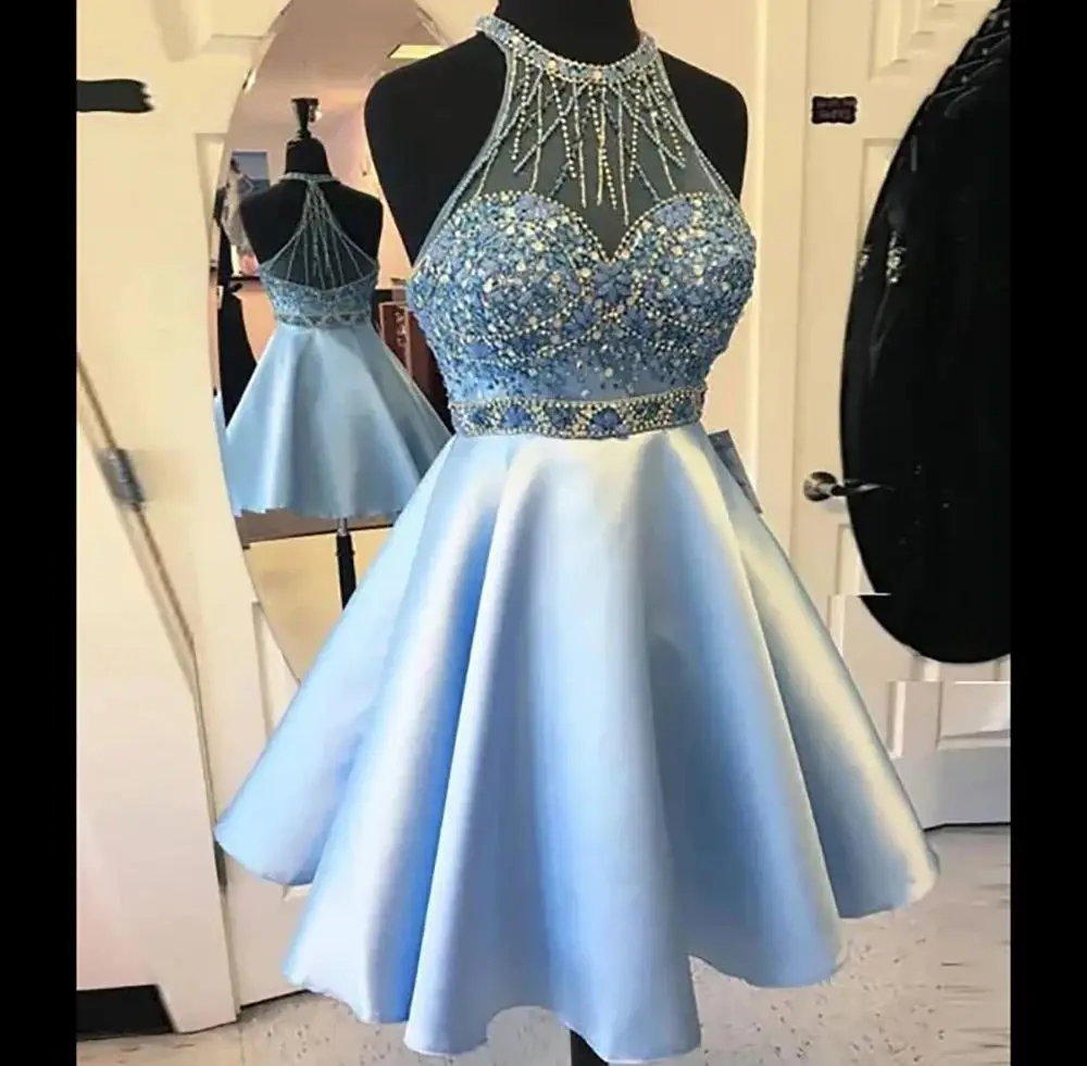 Vestido de fiesta de cumpleaños y compromiso, cuello redondo, sin mangas, color azul cielo claro