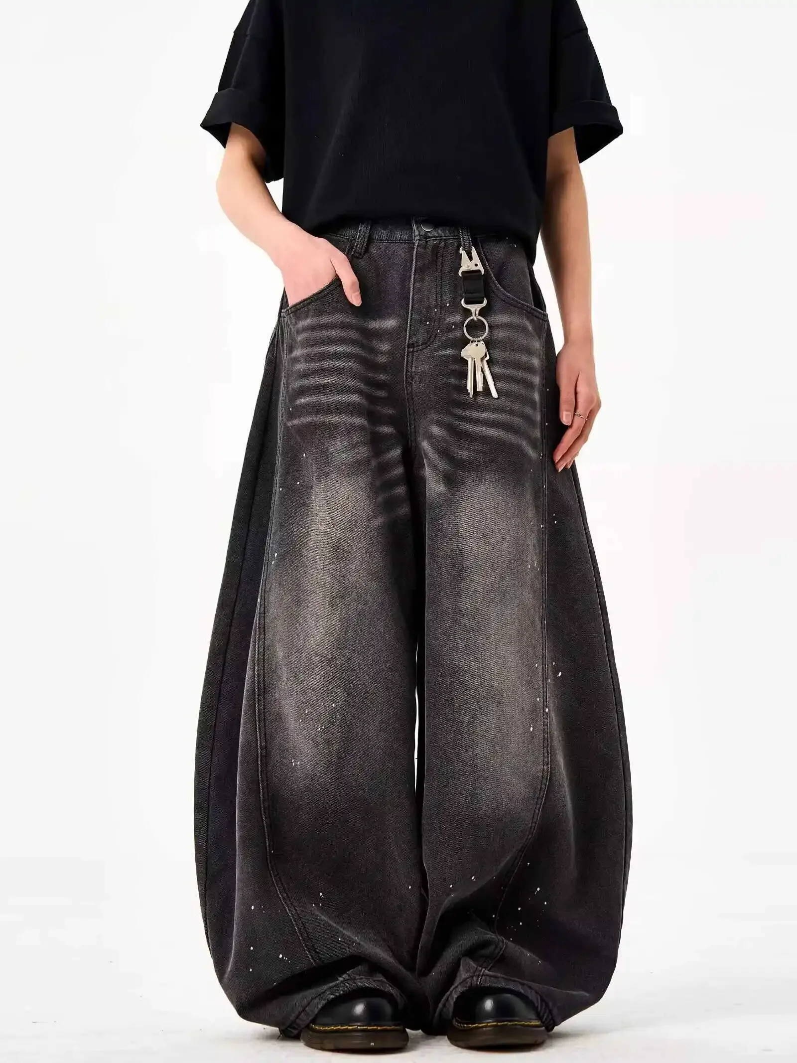 بنطلون جينز نسائي أسود قوطي Y2k هاراجوكو 90s عتيق كبير الحجم من قماش الدنيم بنطلون جينز فضفاض على الطراز الياباني 2000s 2025