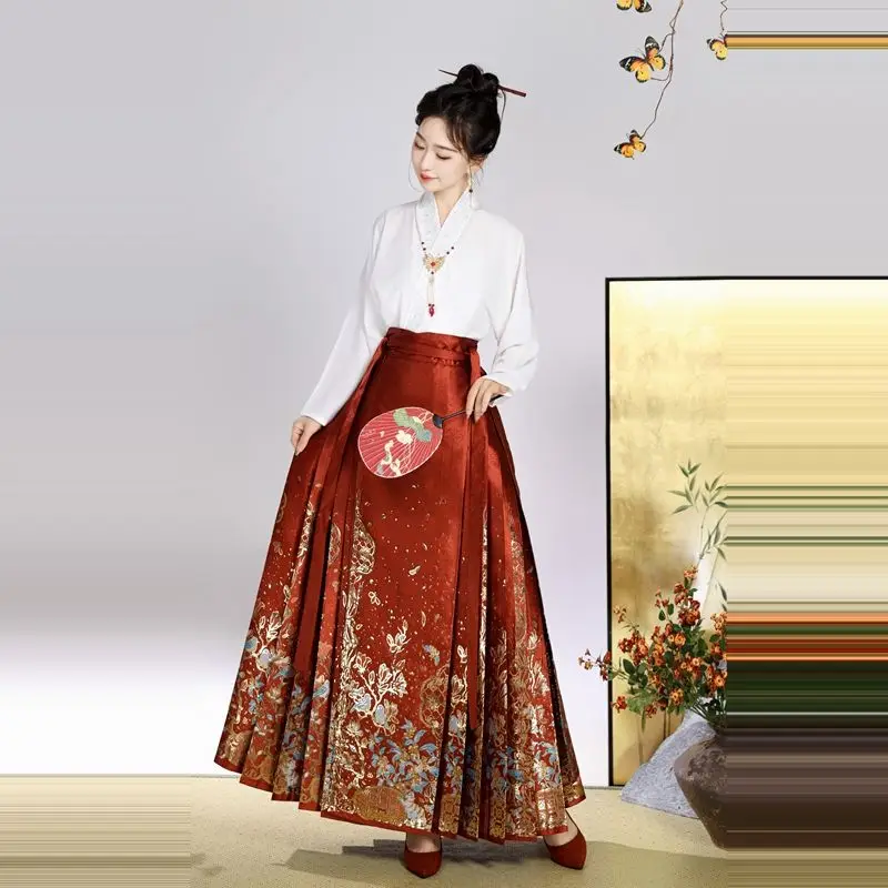 Traje tradicional chinesa feminina, saia hanfu, cara de cavalo dourado tecelagem, vestido diário, roupa de festa de dança rosa, dinastia Ming