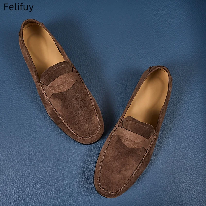 New Coffee Men's Cow Suede Slip On Loafers Preppy Lightweight Breathable Flats Non Slip Daily Fashion Casual Outdoor Sneakers