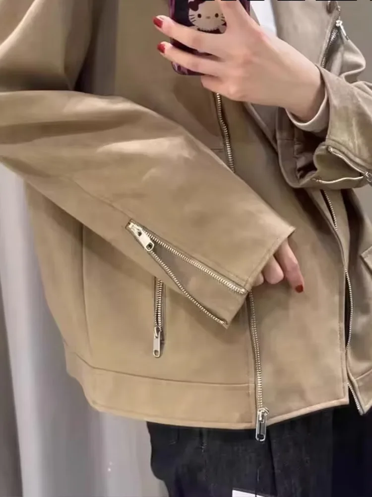 

HH Women's Autumn Winter Fashion Suede Texture Effect Motorcycle Lapel Jacket Female High Street Casual Zipper Pocket Coat