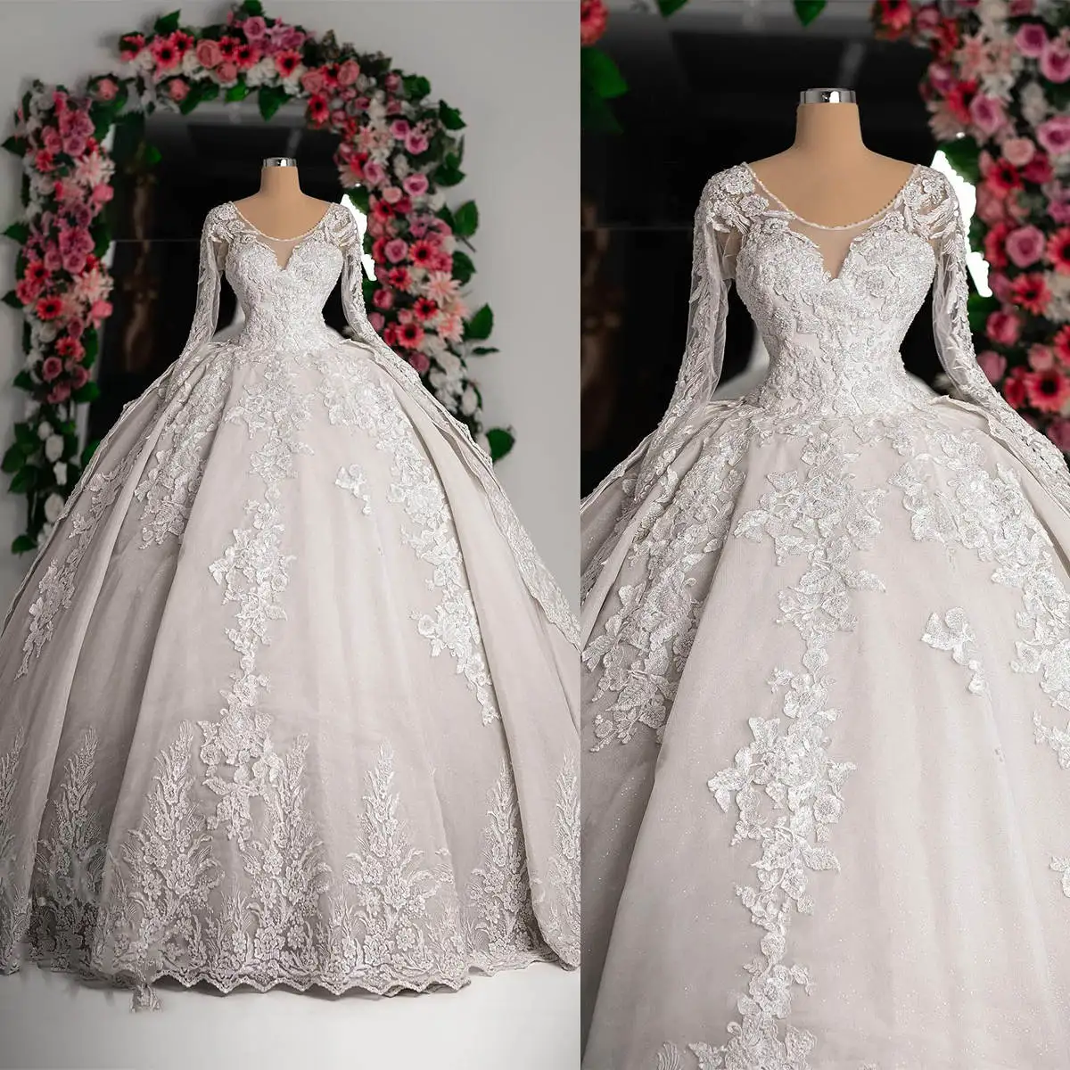 

Exquisite Applique Ball Gown Wedding Dress O Neck Sheer Long Sleeves Bride Gowns Sweep Train Lace Bridal Dresses