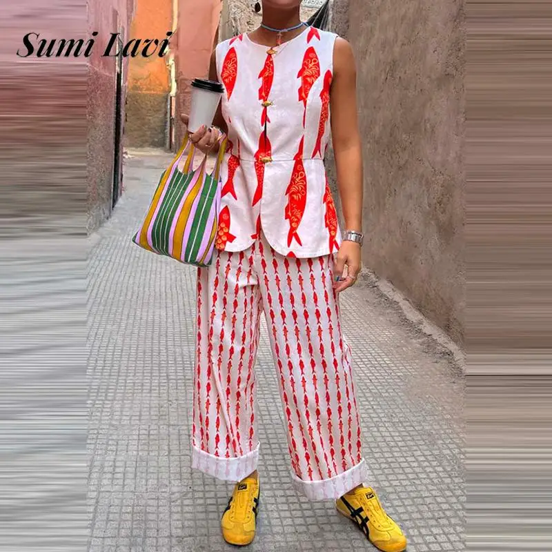 

Casual O-neck Sleeveless Vest & Long Pant Set Women Fashion Pattern Printed Loose Two Piece Outfits Elegant Button Vacation Suit