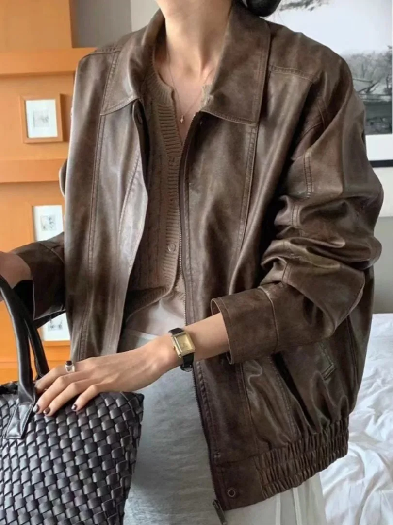 

Sli Autumn Winter PU Leather Jaet Vintage Distred Loose Fit Biker Sle Zipper Collar Attractive Women's Outerwear