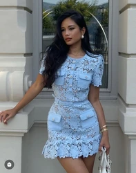 Blue Lace Dress Women Summer with Belt Short Sleeve Streetwear Clothing Lady Hollow Out Runway Design Vestidos Bodycon