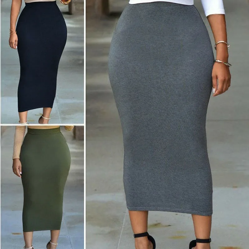 Autumn and Winter Solid Color Elastic Waist Bag Hip Tight Skirt Mid-length Skirt Pencil Skirt Muslim Slim Retro High Waist Women