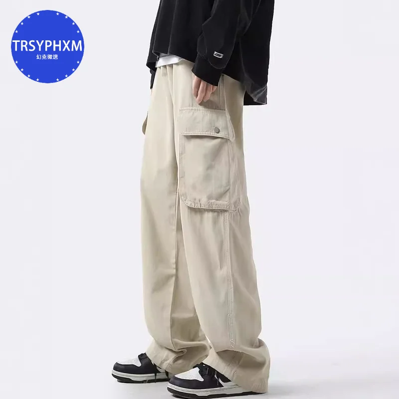 TRSYPHXM 2024 new Pure cotton worker pants men's summer new wide -leg leisure pants high street multi -pocket straight pants