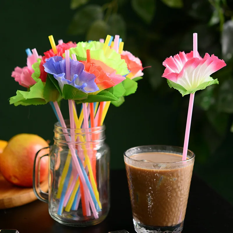 20Pcs Luau Hawaiian Theme Party Flower Drinking Straws for Summer Beach Tropical Hawaii Birthday Wedding Party Decoration