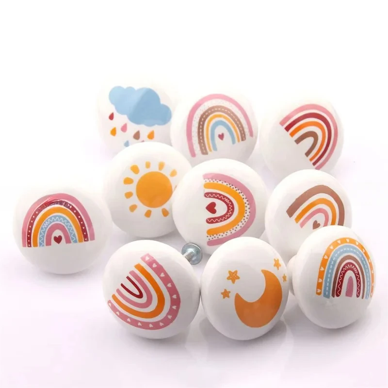 38mm Large Round Ceramic Furniture Handle Drawer Knob Cartoon Rainbow Printing Handles Wardrobe Cabinet Door Pulls Diy