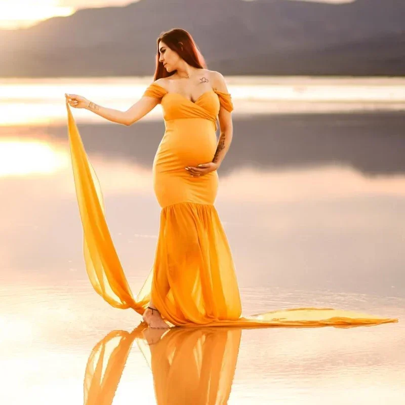 Nuovi oggetti di scena per fotografia di maternità Abito in cotone per gravidanza Foto con spalle scoperte Abiti a coda di pesce a coda lunga per donna Abiti maxi