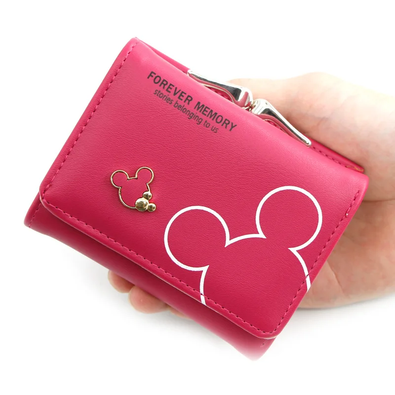 Cartera de cuero PU de Disney para mujer, monedero de Mickey Mouse, patrón de dibujos animados, billetera de tres pliegues, Mini bolso de mano para