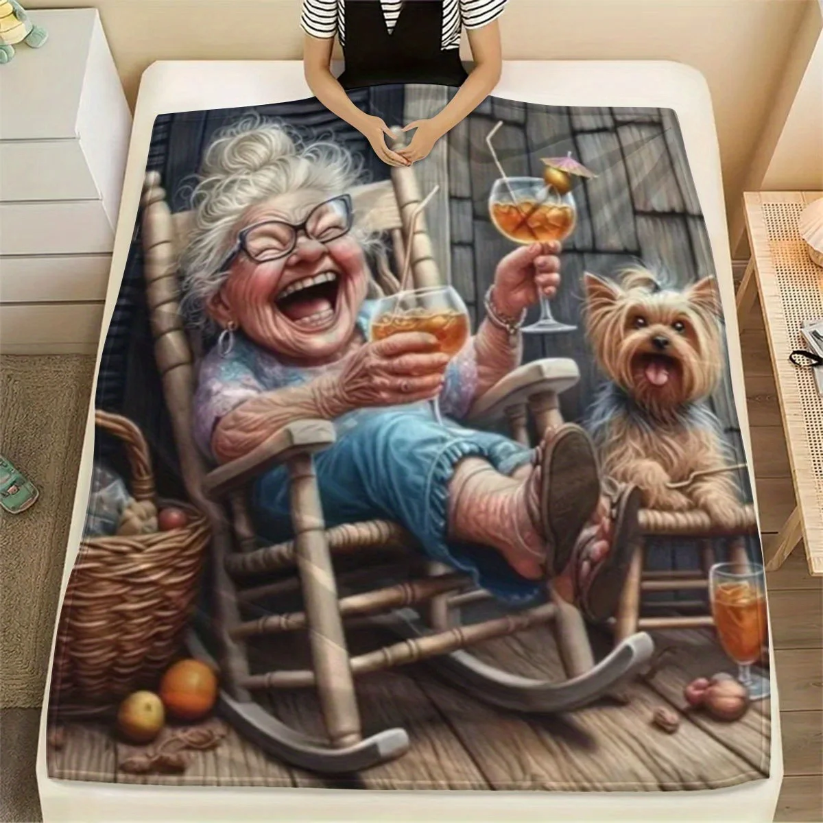 Funny Happy Old Lady Flannel Throw Blanket Cheerful Grandma Drinking Cocktails On Rocking Chair With Cute Yorkshire Terrier Dog