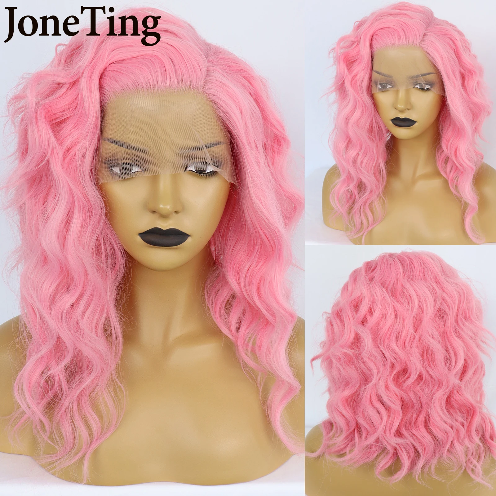 

JT Synthetic 16IN Pink Short Natural Wavy Hair Lace Front Wigs for Black Women Heat Resistant Fiber Peach Pink Curly Cosplay Wig