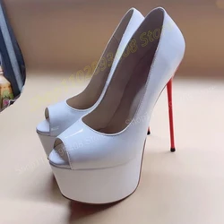 White Patent Leather Peep Toe Pumps Shallow Platform Party Dance Stiletto High Heel Fashion Women Shoes 2024 Summer Para Mujere