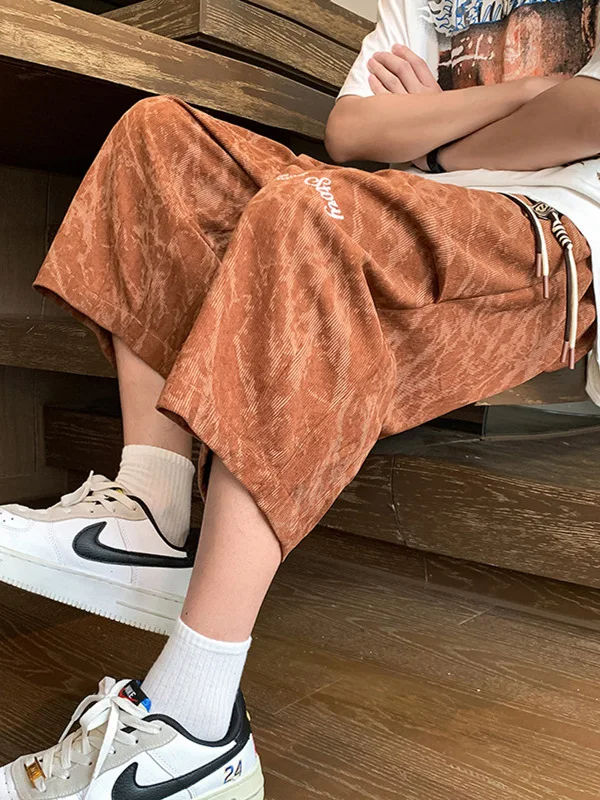 

New Summer Loose Casual Cotton Embroidered Letter Dyeing Seven-Foot Pants for Men Beachwear Comfortable Straight Leg Trousers