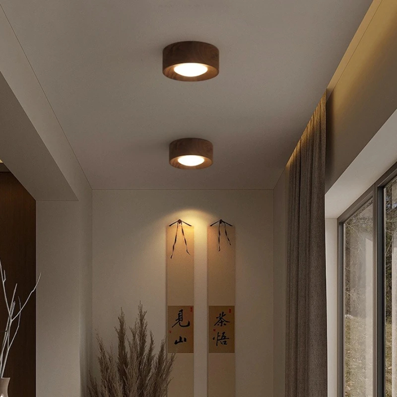 Chinese Minimalist Style Living Room Corridor Wooden Ceiling Light Designer Vintage Rotundity Ceiling Chandeliers LED Fixtures