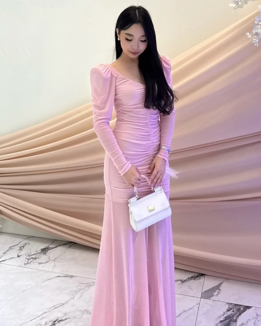 

Customized Chinese Style Elegant Chiffon Ruched Draped Pleat Straight V-neck Long Dresses Bespoke Occasion Dresses High Quality