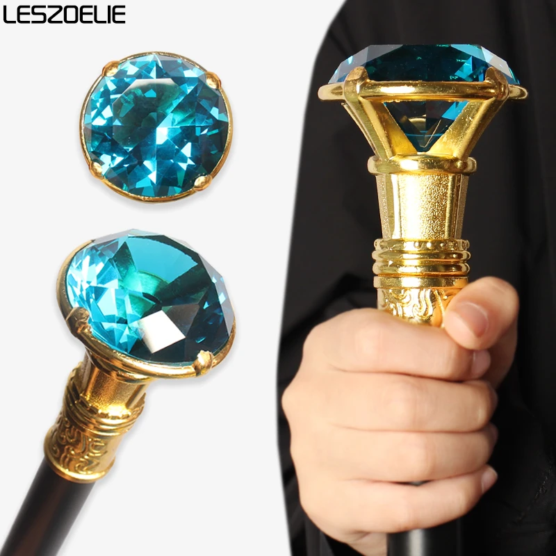 عصا المشي الماسية الزرقاء من Lake مع مقبض ذهبي، عصا عصرية أنيقة للرجال والنساء، عصا المشي المزخرفة