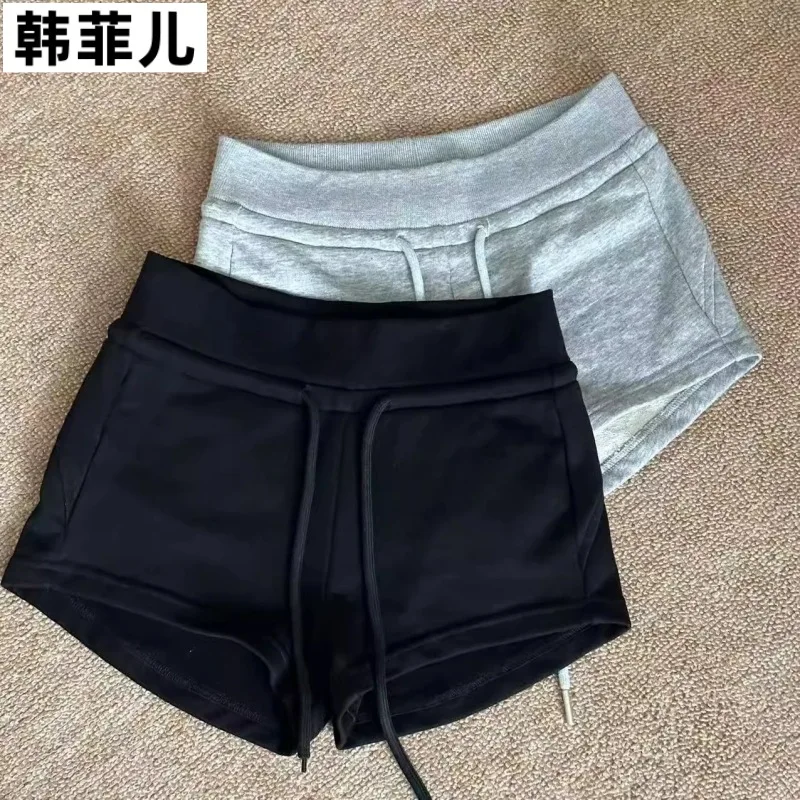 

High Waist Drawstring Casual Shorts, Slim Fit Cotton Hot Pants, Daily Loungewear Black & Gray for Women