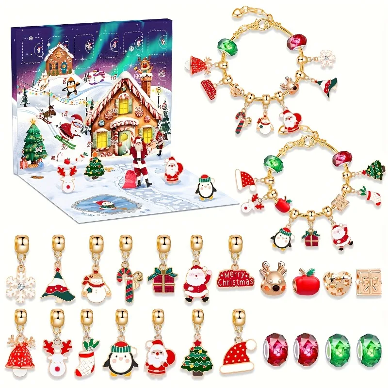 Christmas Advent Calendar Bracelet Making Kit 24 Days Xmas Countdown 22pcs Beads 2pcs Bracelets Christmas Jewelry Gifts Supplies