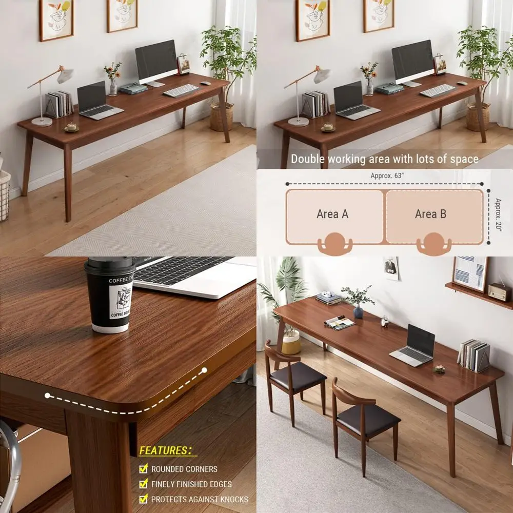 مكتب كمبيوتر حديث من خشب الجوز بطول إضافي لشخصين لمحطة عمل المكتب المنزلي، 63 مكتب بسيط على طراز منتصف القرن #1