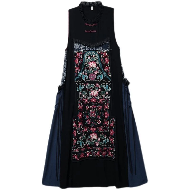 2024 chinese ethnic style embroidery retro women fashion waistcoat fringe spring and autumn waistcoat skirt mid-length dress w96