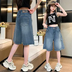 Teens Girls' denim Half Pants 2024 Summer Western-style holed shorts Girls Casual Solid Color Children Knee Length Pants