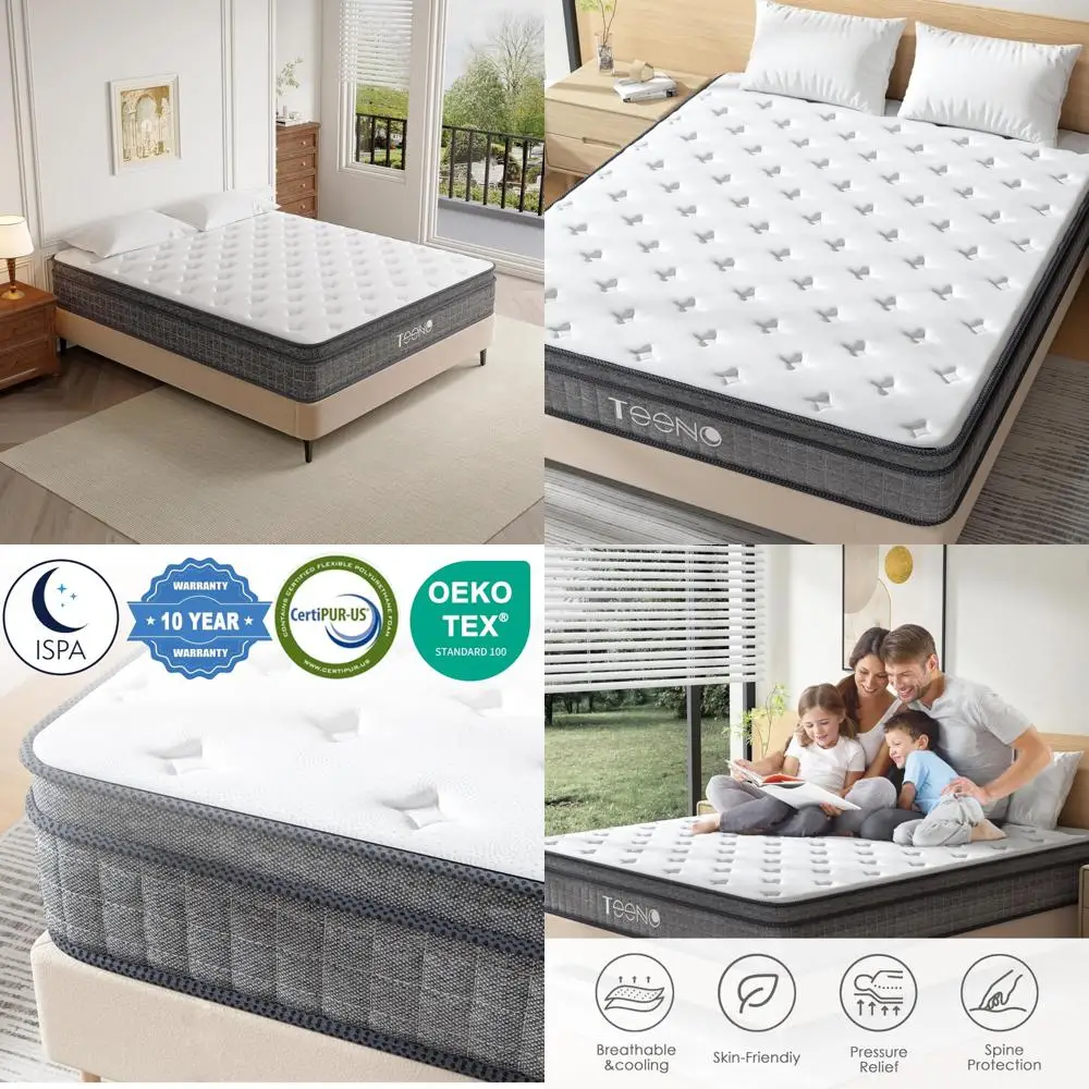 Colchón Queen híbrido de firmeza media de 14 pulgadas, espuma viscoelástica con resortes de bolsillo, soporte de fibra de vidrio, solución cómoda para dormir