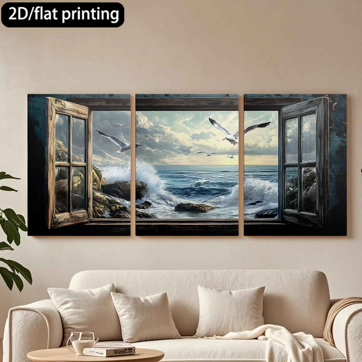 

2D плоская печать, 3-х частная декоративная картина на холсте в деревянной раме. Вид из окна: море, чайки. Декор для коридора и спальни.