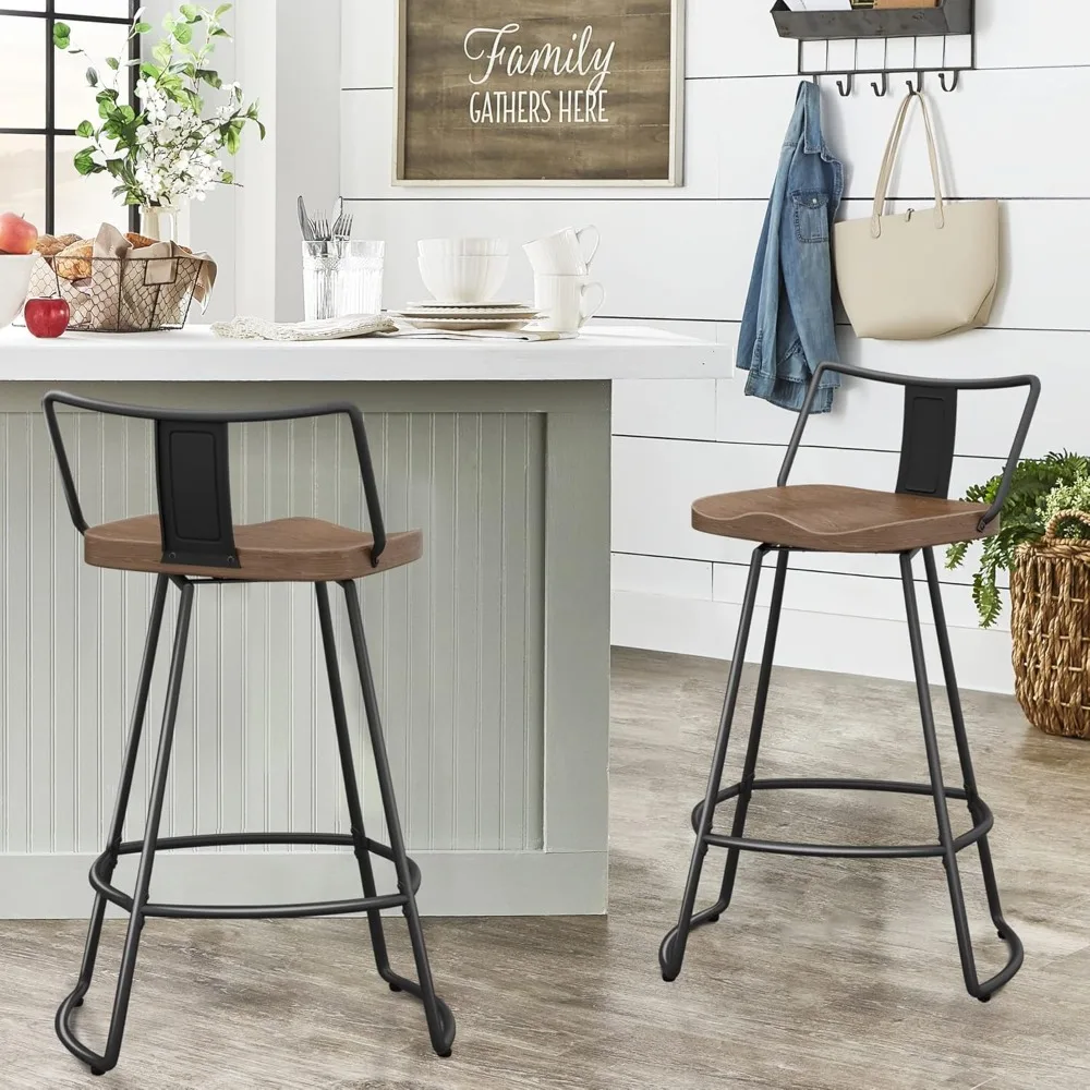 24 Swivel Bar Stools with Backs Set of 2 Metal Counter Height Bar Chairs with Wooden Seat Industrial Barstools Matte B