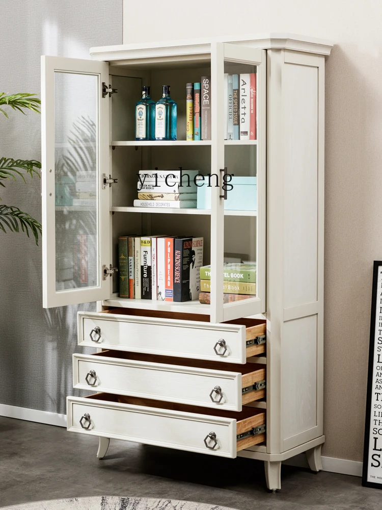 Tqh White Cream Style Pure Solid Wood Bookshelf Living Room Floor Bookcase Glass Door Integrated Wall Shelf Study