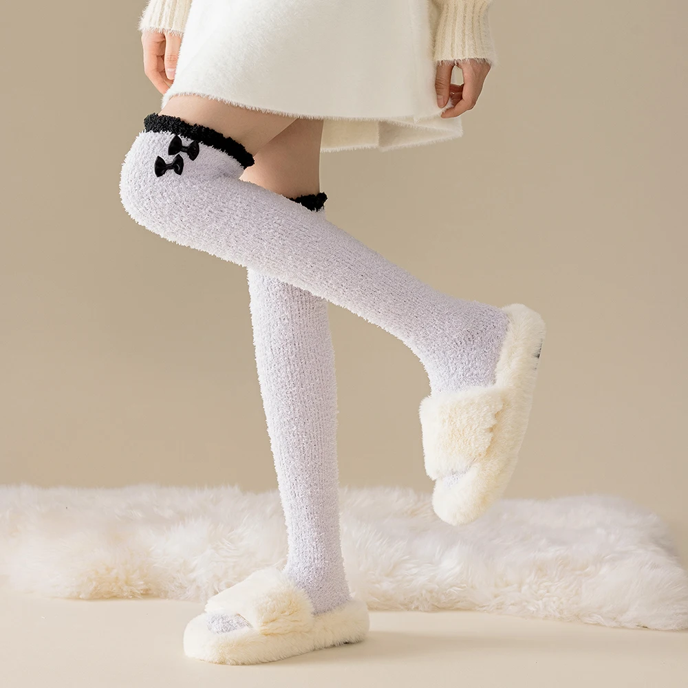 

Женские носки выше колена из кораллового флиса, однотонные чулки до бедра с бантом, утепленные домашние длинные носки без катышков для сна