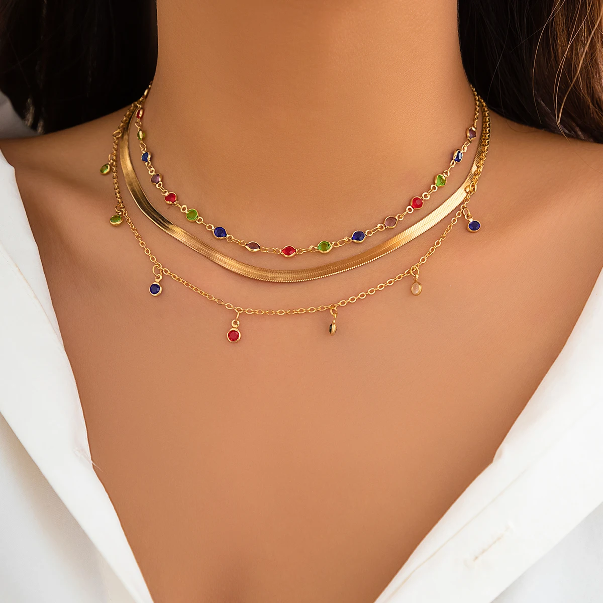 IngeSight.Z Boho Multi Layered Color Crystal Chain Choker Necklace for Women Vintage Flat Snake Chain Clavicle Short Necklace