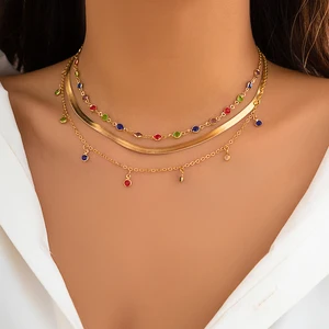IngeSight.Z Boho Kalung Choker Rantai Kristal Warna Berlapis untuk Wanita Kalung Pendek Klavikula Rantai Ular Datar Antik untuk Wanita 8 tumpukan kalung penjualan terbaik - №