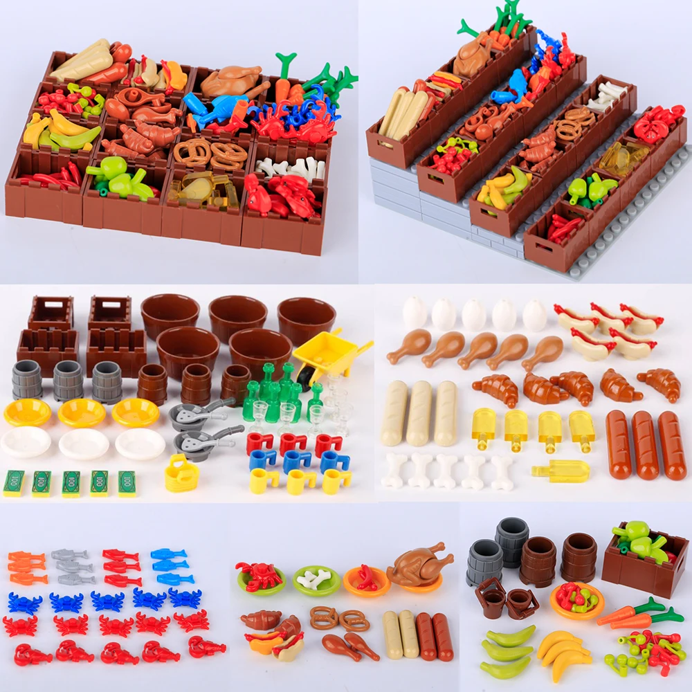 City Food Building Blocks MOC Accessories Grilled Chicken Bread Fish Crab Seafood Fruit Apple Banana Kit Toy Classic Bricks K043