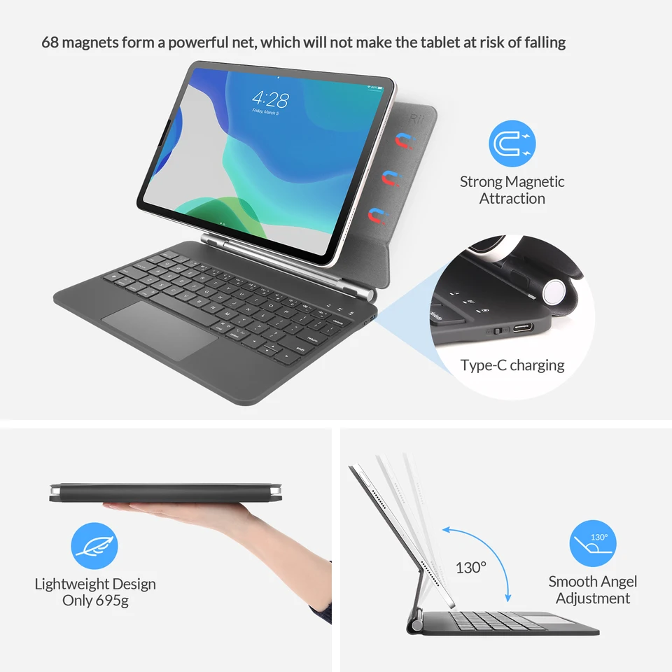 Rii-iPad Pro,Air 5, Air 4,Hl128,2018-2022用の魔法のキーボード