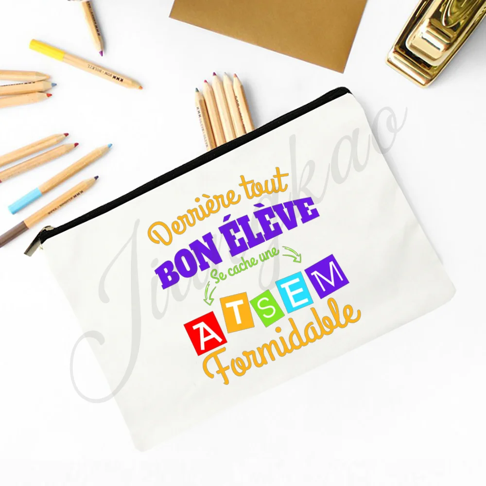 Merci Maitre Atsem French Printed Pencil Bag Stationery Bags Travel Makeup Pouch Teacher's Day Graduate Thanks Gift for Teacher