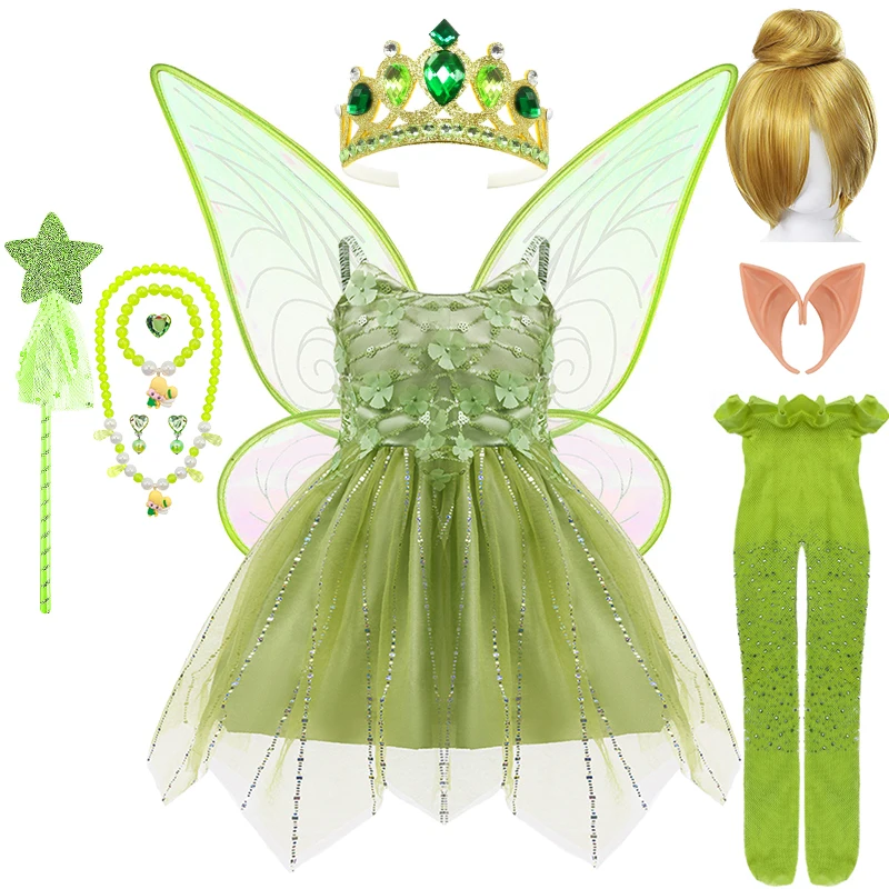 

Hot Toddler Baby Girl Cosplay Green Fairy Princess Tinker Bell Dress Newborn Girls Elf Halloween Costume Infant Party Ball Gowns